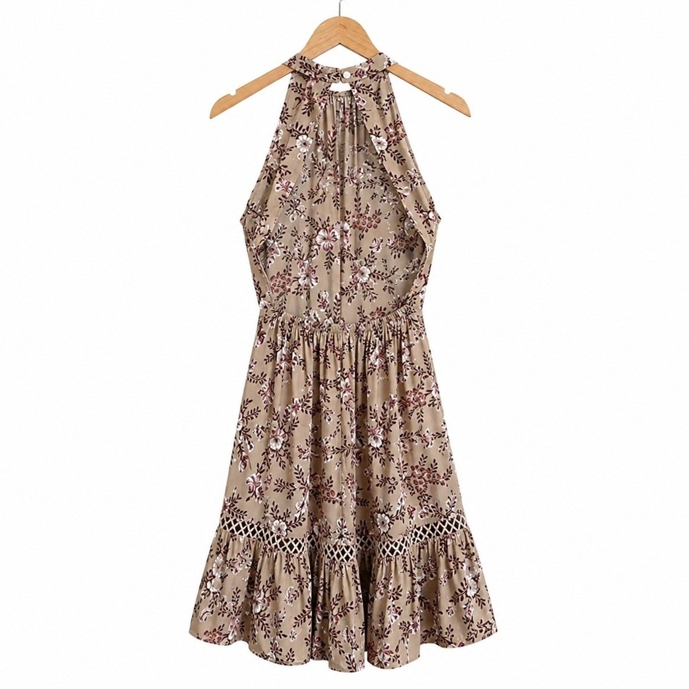 Sunday Mi Amor Halter Floral Mini Dress Tan Boho Crochet Open Back Size M - Picture 4 of 6